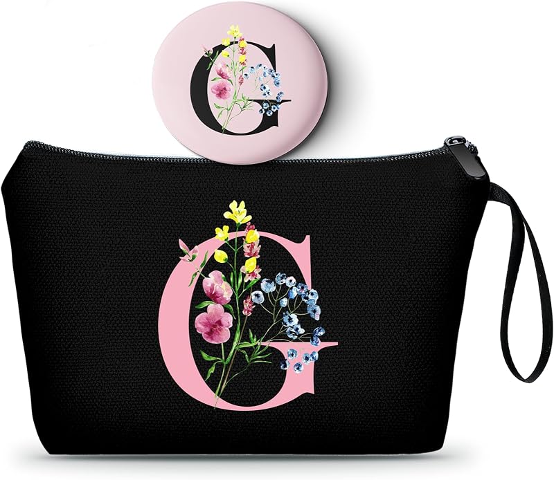 Necessaire de maquiagem SEAMOON com espelho e inicial G, preta, pacote com 2
