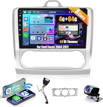 Inefala 8 Core 4+64G Android 15 Radio for Ford Focus 2004-2011 9 Inch HD Touchscreen with Wireless CarPlay and Android Car GPS Navigation AHD Rear Camera FM/RDS Bluetooth