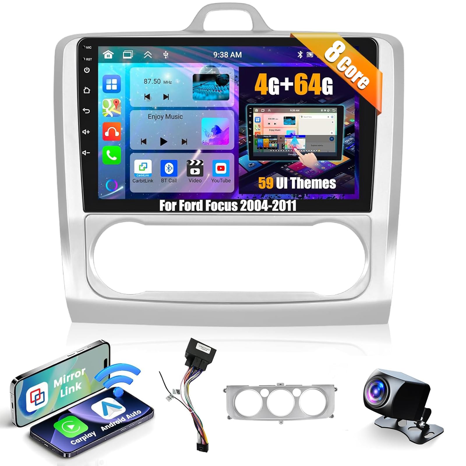 Inefala 8 Core 4+64G Android 15 Radio for Ford Focus 2004-2011, 9 Inch HD Touch Screen with Wireless CarPlay and Android Auto, GPS Navigation, AHD Rear Camera, FM/RDS, Bluetooth
