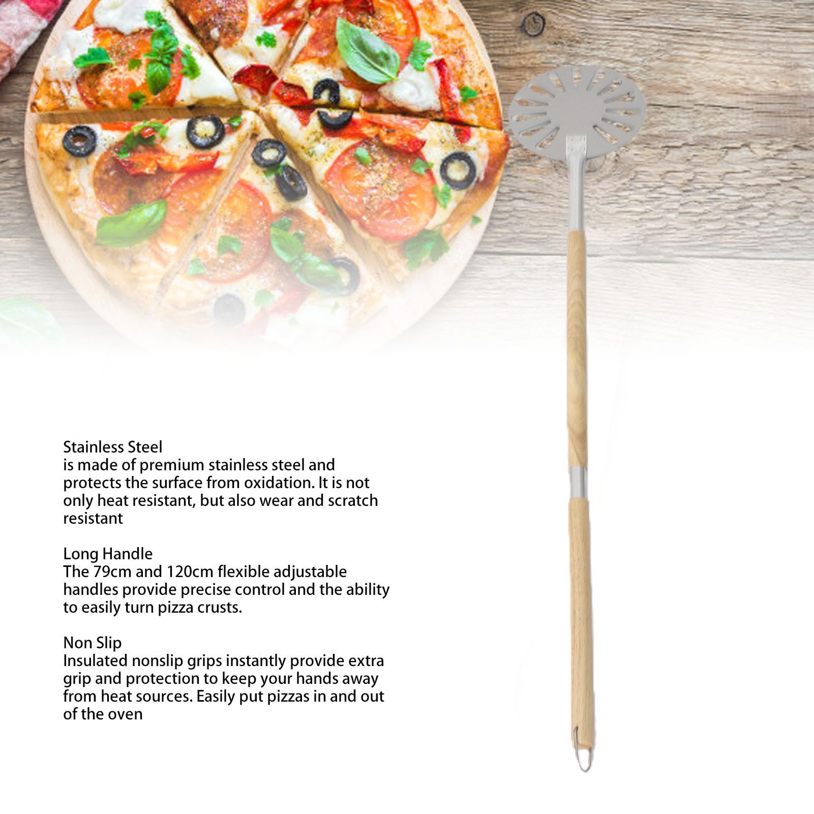 Fabater Pala Giratoria para Pizza de Acero Inoxidable de 9 Pulgadas, Pala Giratoria para Pizza de Metal Perforado con 2 Mangos Largos de Madera, Espátula para Liviana para Horno, Agarre Aislado