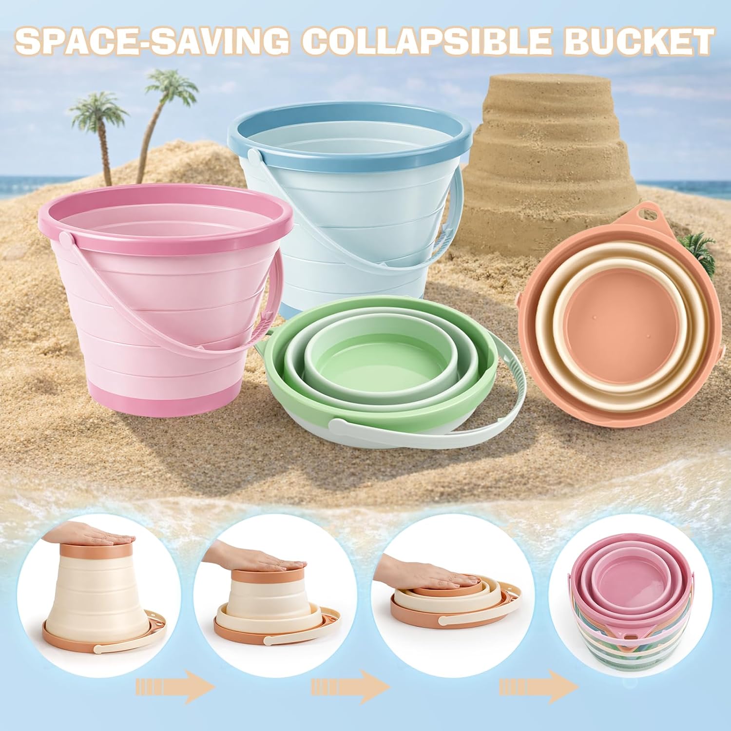 Dreamon Beach Toys, 4 Pack Collapsible Sand Buckets for Kids, Shovels & Rakes Set with Mesh Bag, Kids Beach Essentials Sandcastle Building Kit for Beach Trip Outdoor Play and Summer Fun