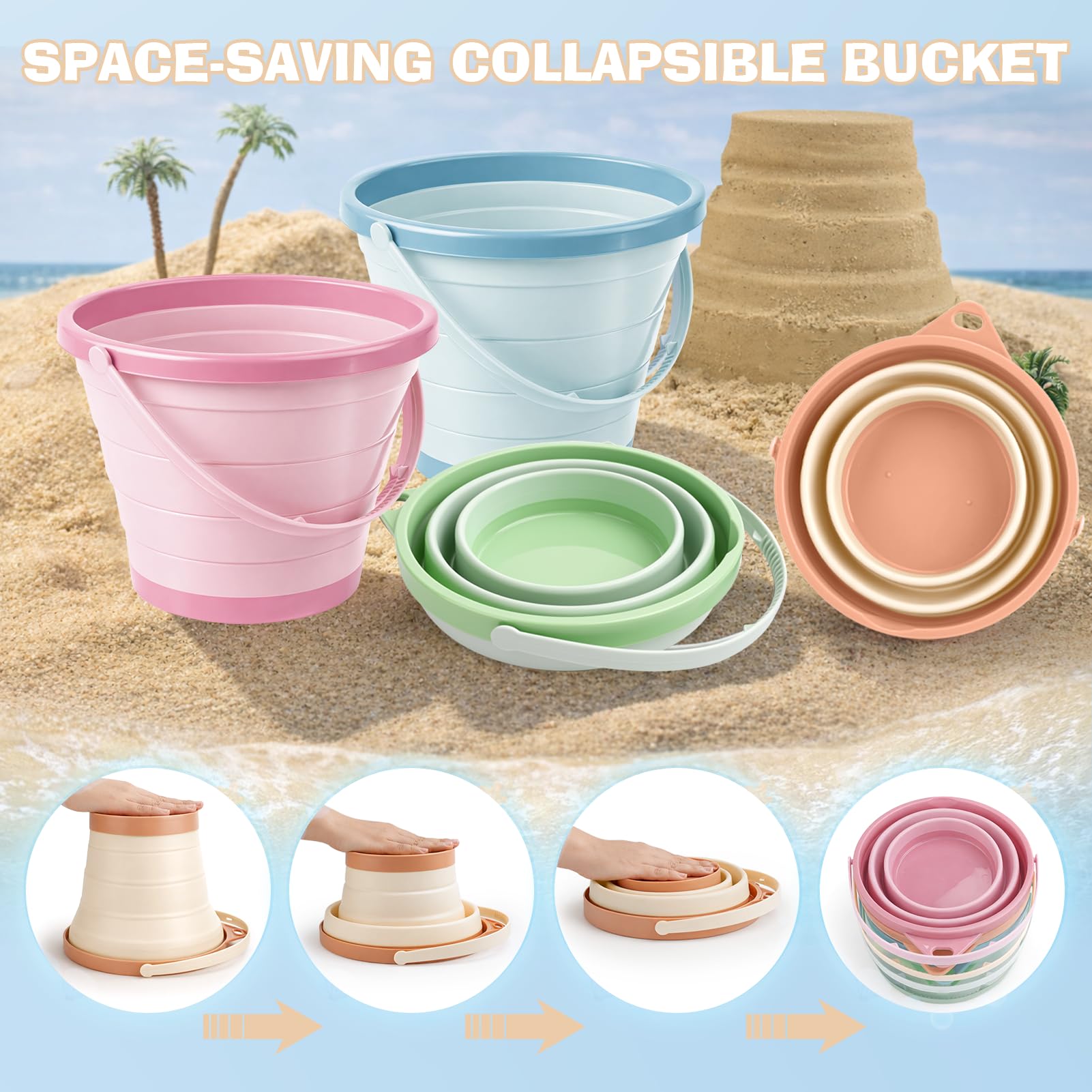 Dreamon Beach Toys, 13PCS Bucket and Spade Beach Set Kids with 4 Collapsible Buckets, 8 Beach Spades & Mesh Beach Bag - Image 3