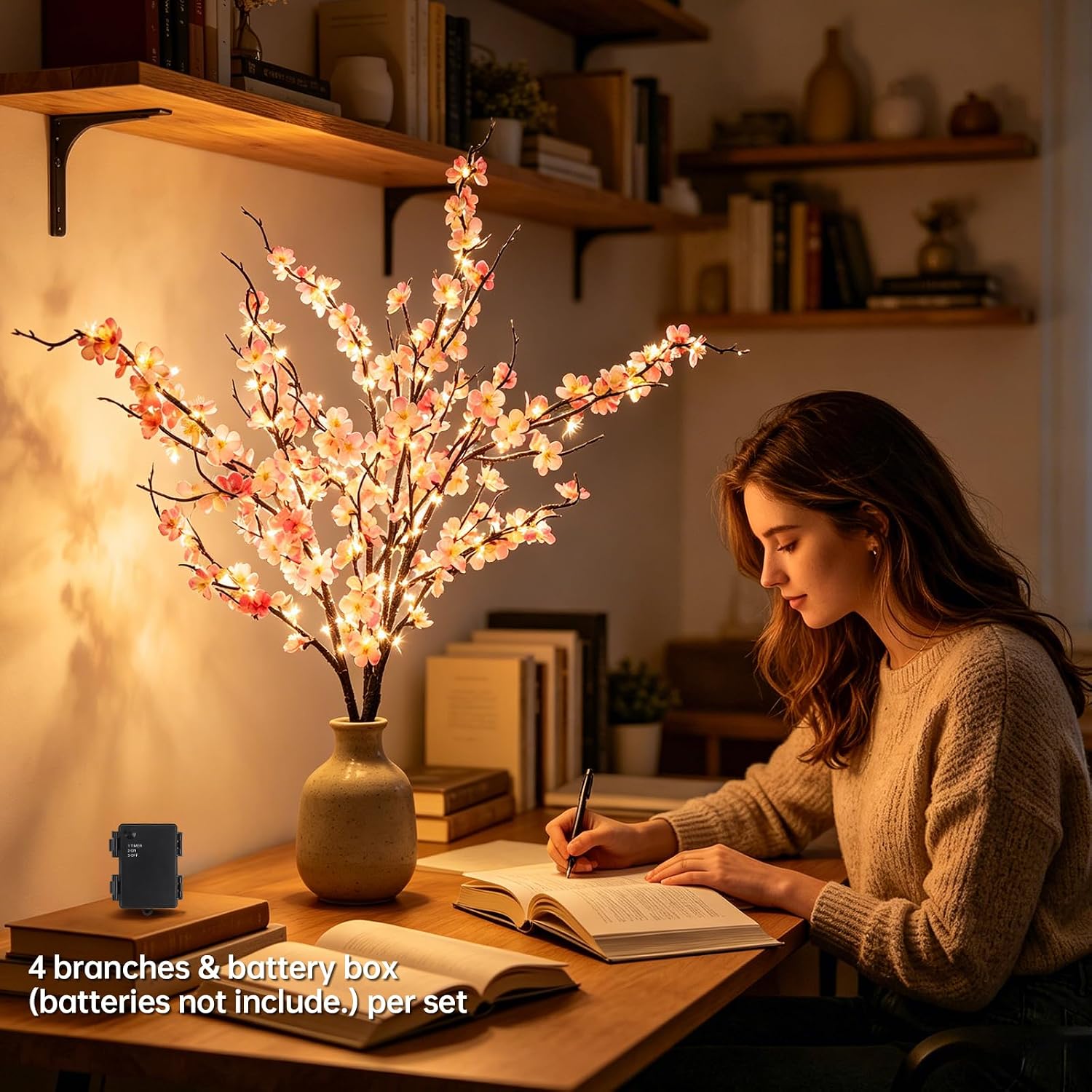 GOESWELL Cherry Blossom Lights for Vases: Fairy Style 4PCS 24in Artificial Cherry Blossom Flowers with 108 LED Lights Operated Lighted Twig Branches for Vases Wedding Party Home Indoor Decor