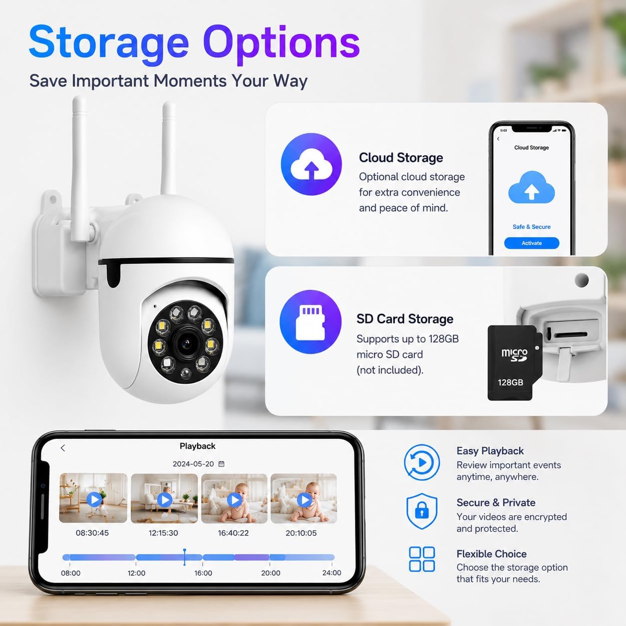 Security Camera Indoor 1080P Wired, Pan/Tilt Control, Two-Way Audio, Clear Night Vision, Easy Setup, SD/Cloud Storage, WiFi Home Camera for Baby, Pet, Bedroom & Living Room Monitoring