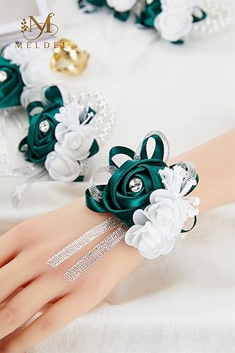 Miniatura 3 de Meldel Pulseras de ramillete de muñeca para boda, madre de novia y novio, rosa de seda verde, muñeca de mano, graduación, ceremonia, aniversario,