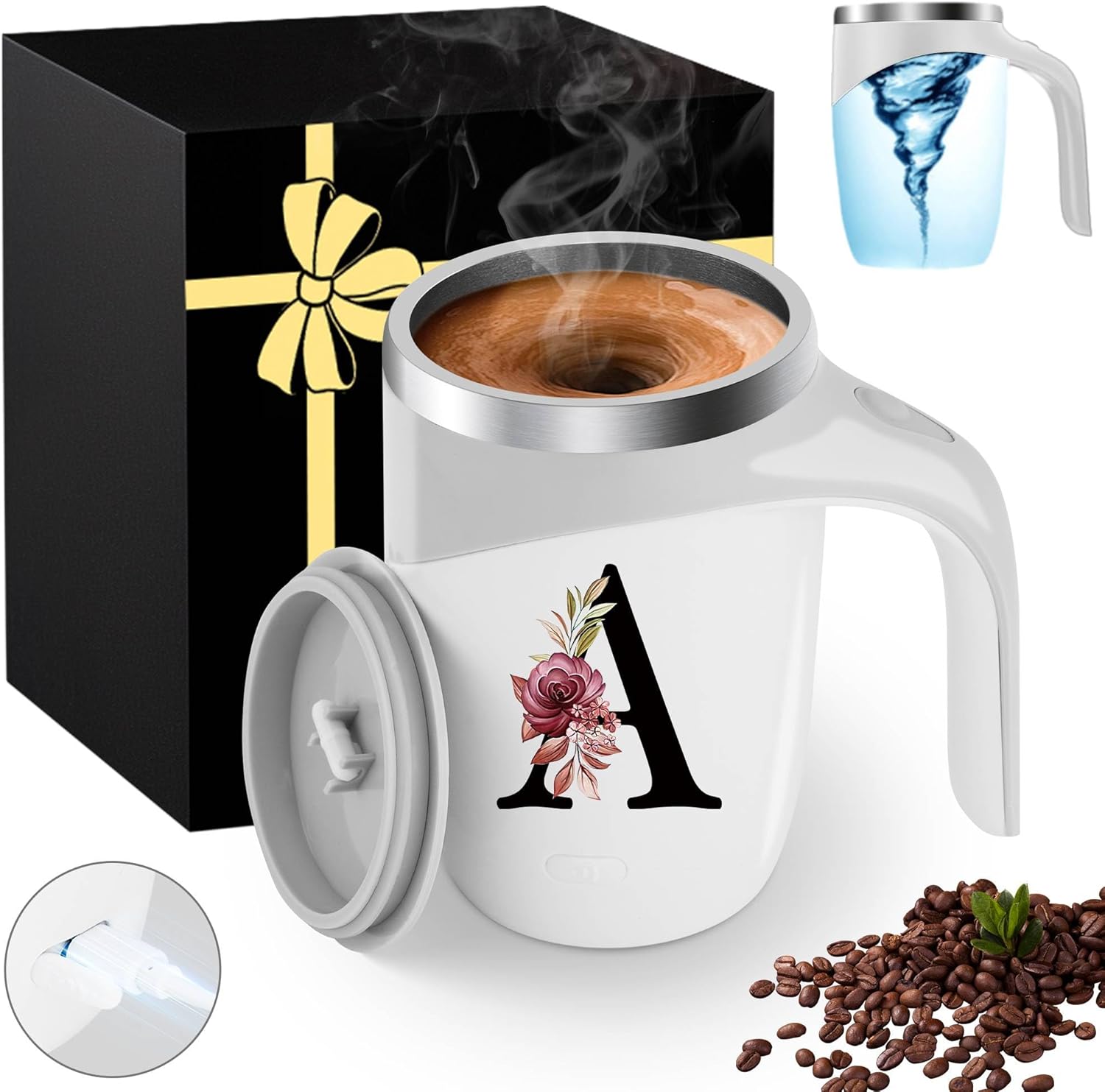 Personalized Initial Magnetic Stirring Coffee Mug with Lid Handle Insulated Stainless Steel Spill Leak Heavy Large Reusable Thermal Tea Cup Camping Big Water Tumbler Automatic Self Electric Mixing