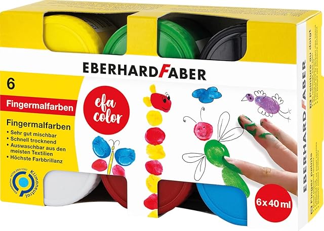Eberhard Faber EFA Color 578606 Finger Paint Set with 6 Paint Pots of 40 ml Each, Quick Drying and Washable, for Mixing and Creative Painting Fun