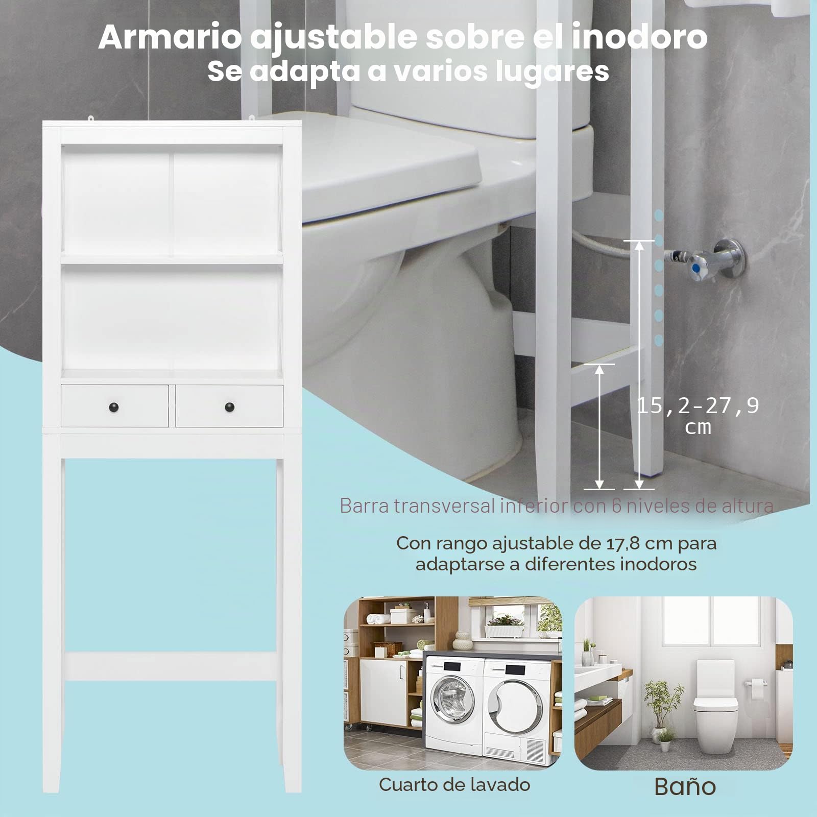 LIFEZEAL Armario sobre Inodoro, Organizador con 2 cajones, Mueble con estantería para baño, Armario de Madera para el Inodoro, Lavadora, 60 x 20 x 165,5 CM, Blanco
