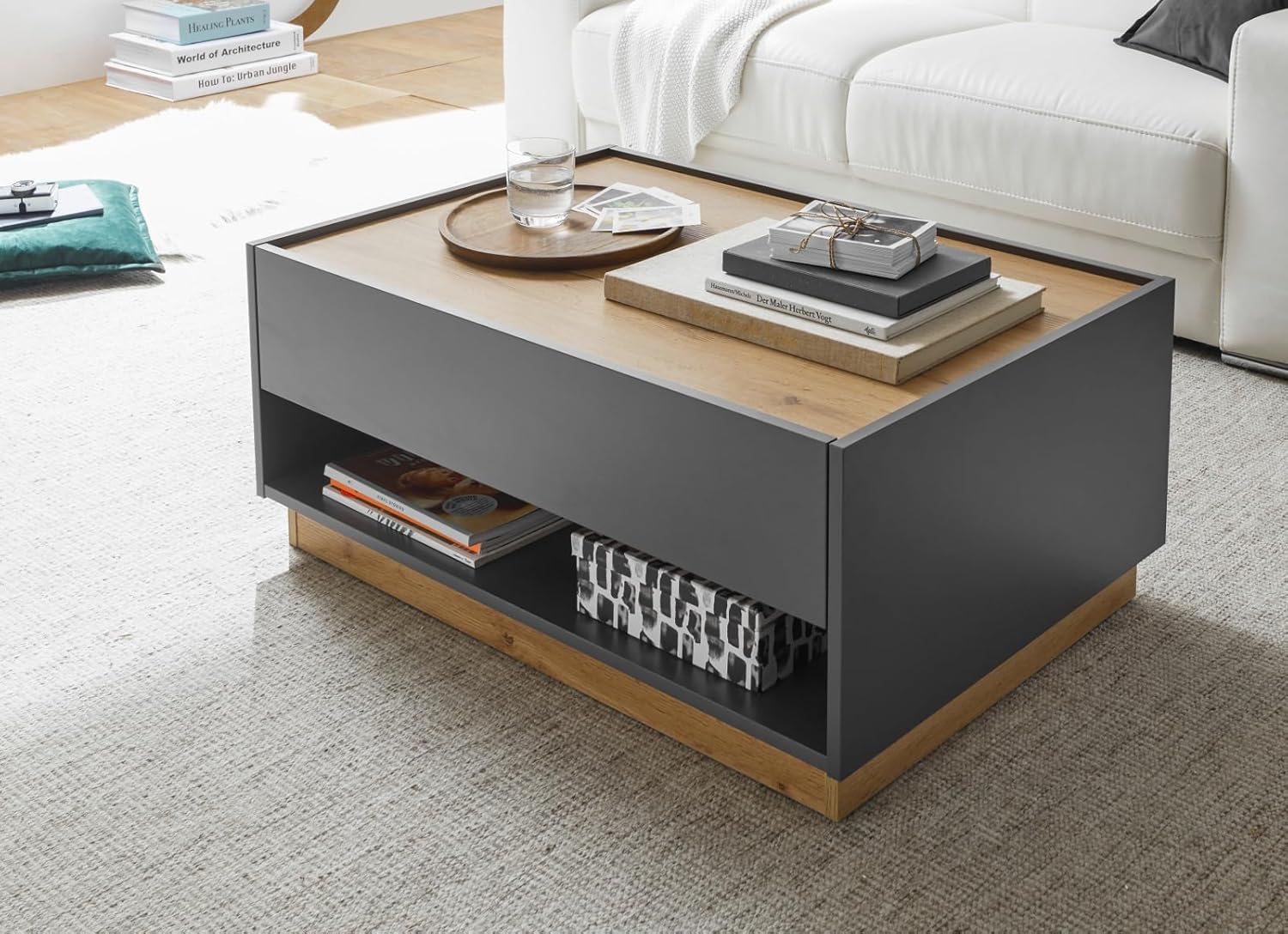 Coffee Table Side Table in Grey Matt and Oak Wotan Wood Living Room Table Coffee Table with Drawer and Storage Space 90 x 60 cm Centre