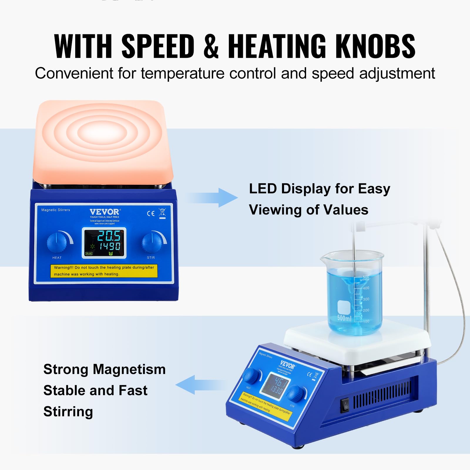 VEVOR Piastra Riscaldante con Agitatore Magnetico, Max 300°C/572°F, 0-2000 RPM con Agitatore Magnetico, Agitatore Riscaldante da 5000 ml con Schermo LED, Potenza di Riscaldamento 500 W