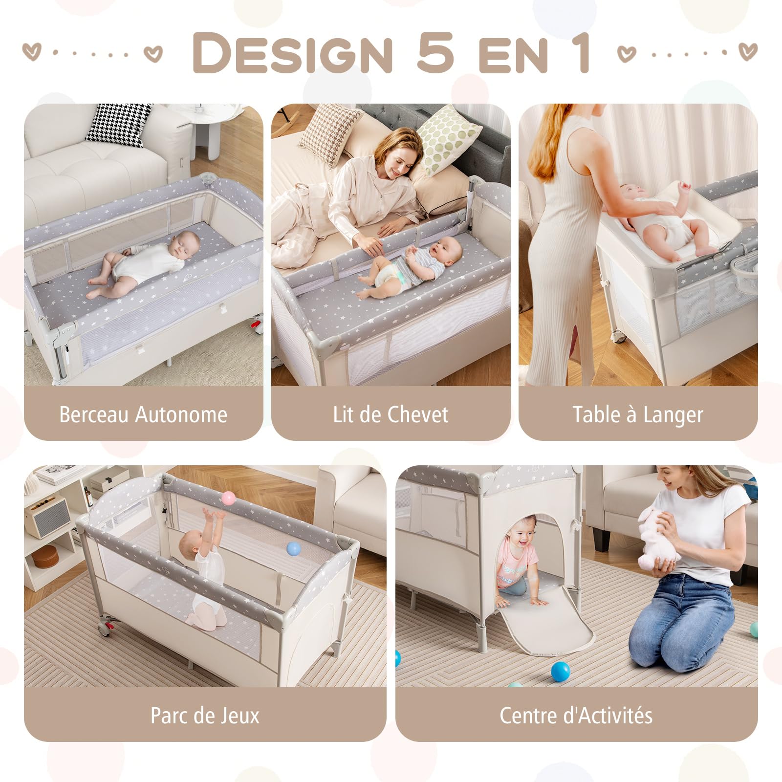 GOPLUS Lit Parapluie Bébé avec Matelas, 5 en 1 Berceau Bébé Evolutif avec Table à Langer, Jouets, Roues Verrouillables, Lit de Voyage avec Sac de Transport pour 0-3 Ans, Charge 15KG (Beige)