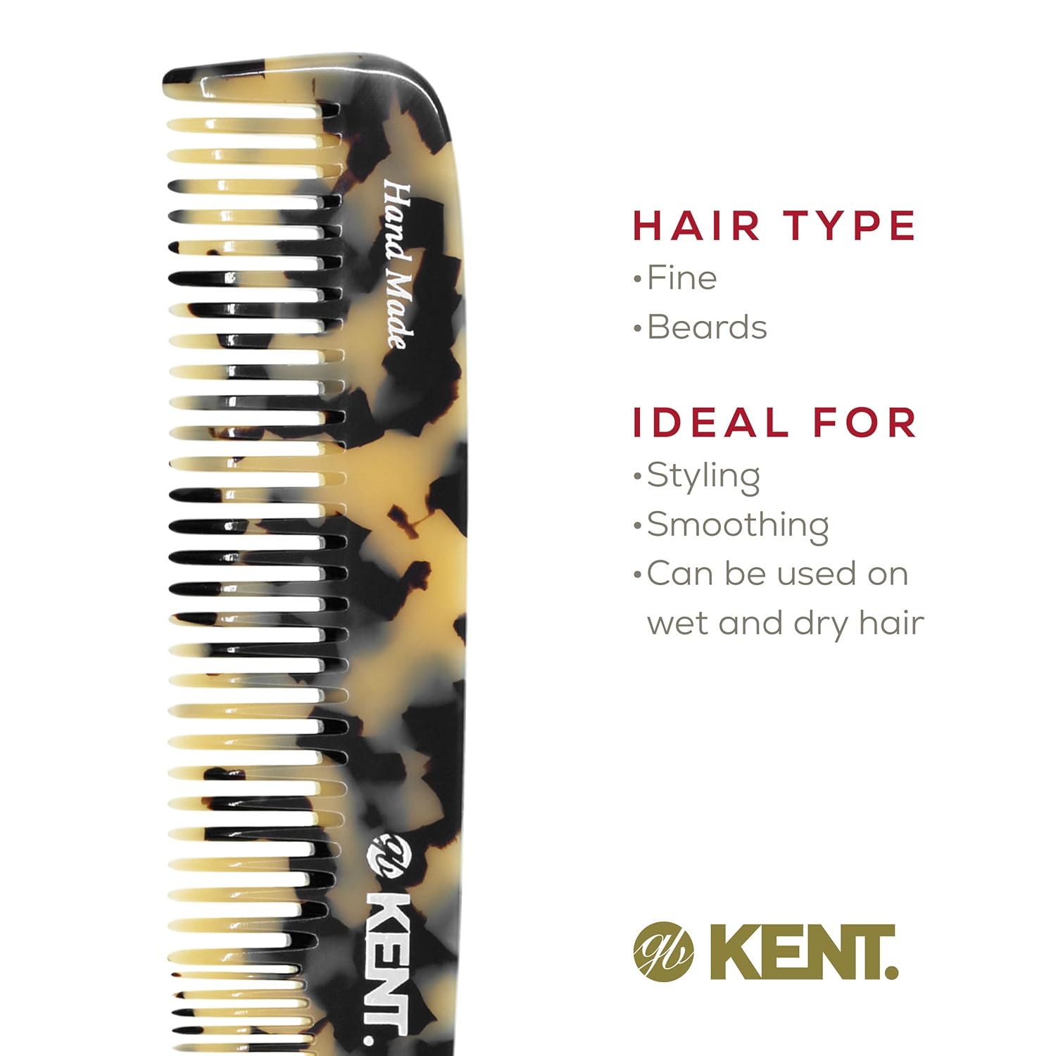 KENT 9T Fine Tooth and Wide Tooth Comb Detangler Hair Combs - Large Handmade and Saw-Cut Dressing Comb - Wet Hair Comb, Made in England (White Tokyo), 2 Pack