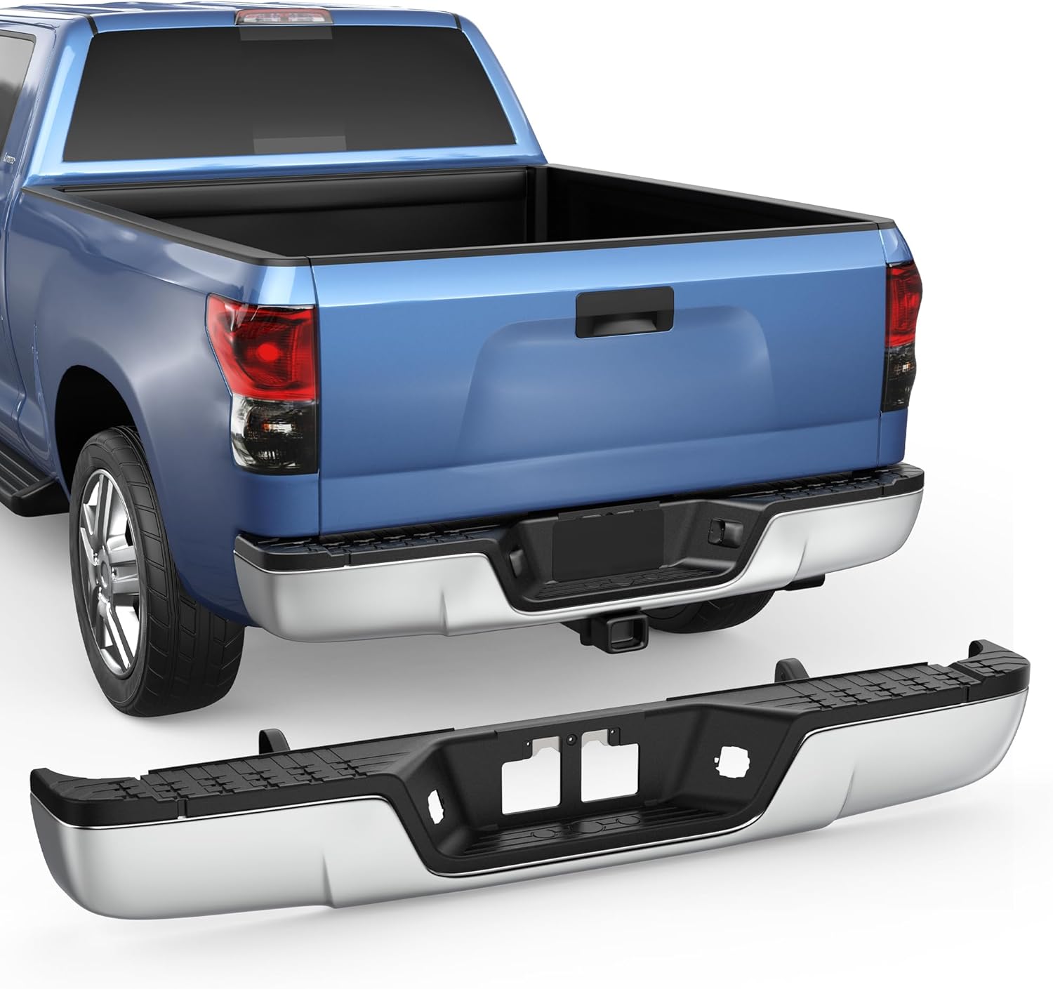 Rear Step Bumper Assembly Compatible for 2007-2013 Toyota Tundra Pickup TO1103117 (No Parking Sensor Holes) Steel Complete Back Bumpers -Chrome