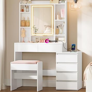 VASAGLE Dressing Table with LED Lights, Mirror, 6 Drawers