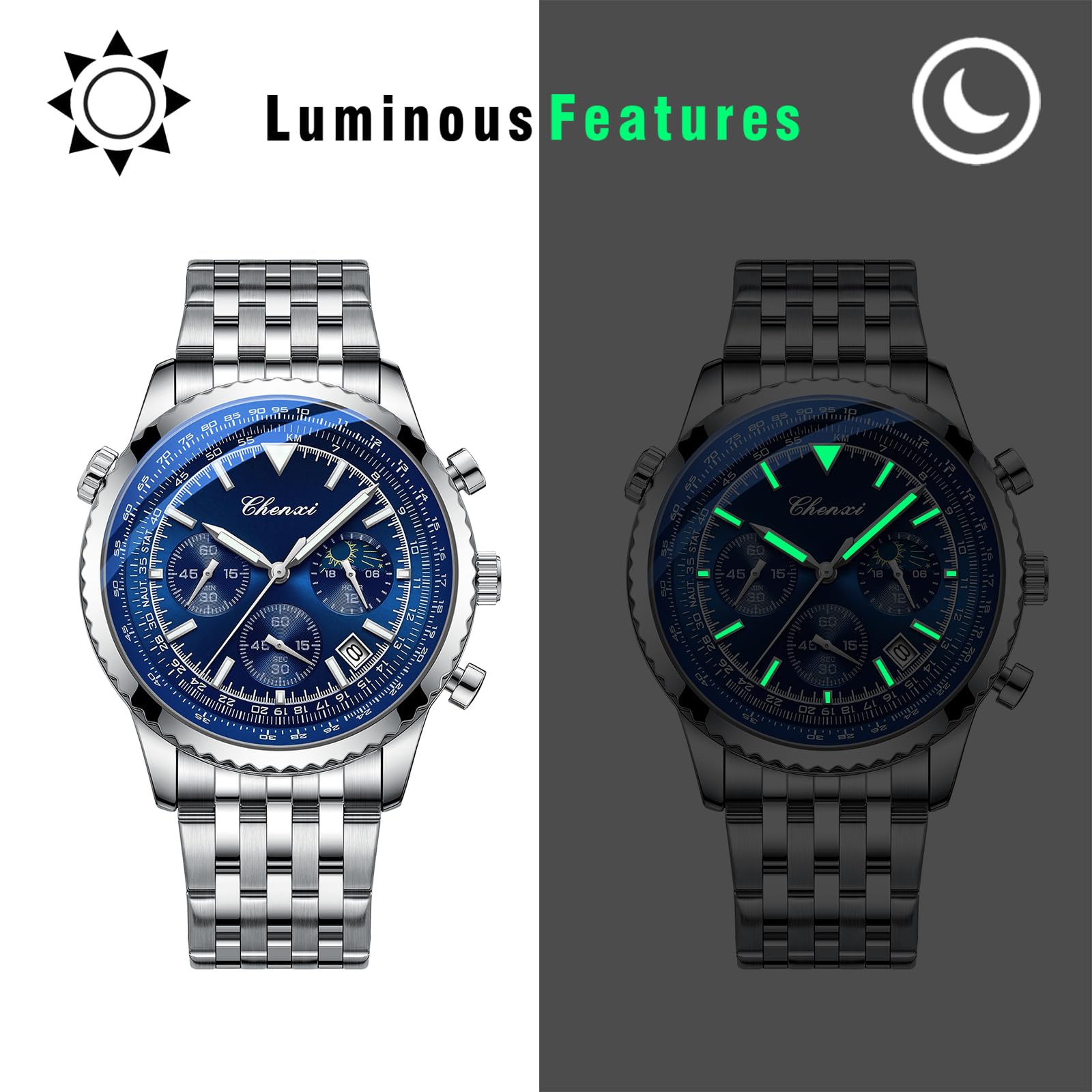 OIDEA Montre chronographe pour homme en acier inoxydable : cadran bleu montre homme analogique quartz aiguilles lumineuses multi cadran avec échelle horaire date classique cadeau élégant pour homme