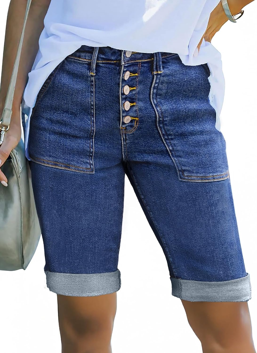Sidefeel Womens Jean Shorts High Waisted Stretchy Button Fly Folded Hem Trendy Casual Summer Bermuda Shorts