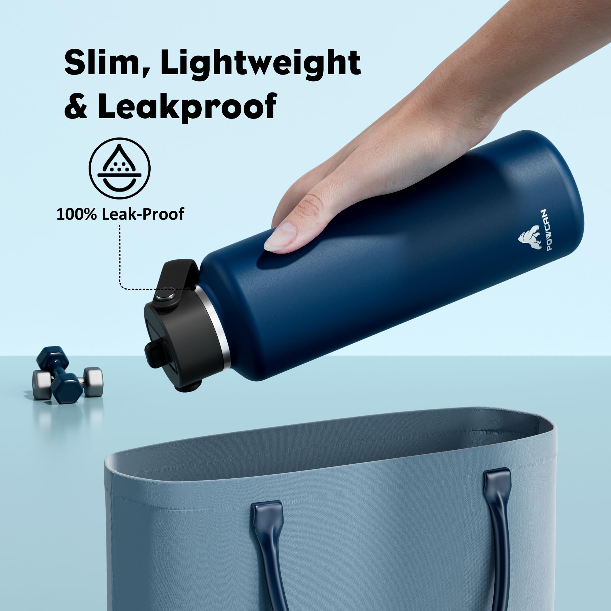 Botella de agua de 710 ml con aislamiento para oficina: sin BPA, tapa a prueba de fugas con popote, ligera, tapa flexible, termo de acero inoxidable para senderismo, hombres, viajes, trabajadores