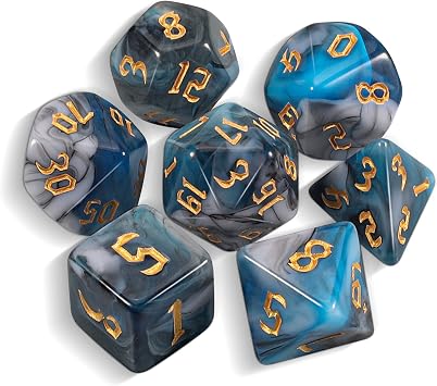 QMAY Polyhedral Game Dice - 7 Pieces Dice Cyan with White with Black