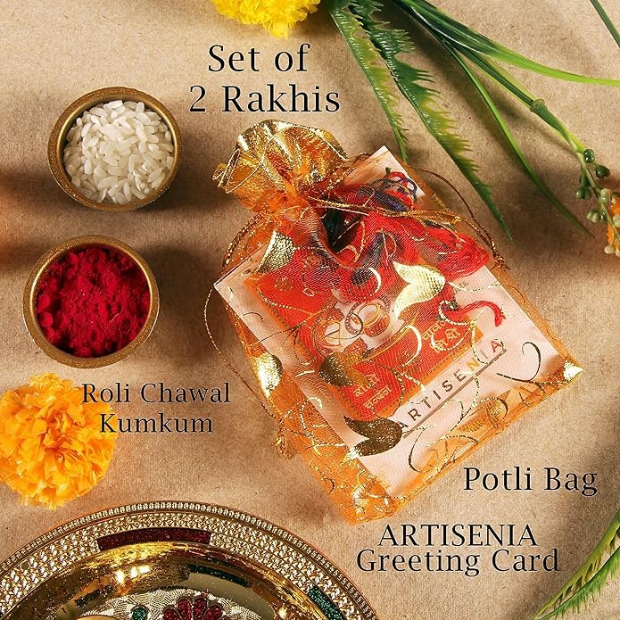 Rakhi Set of 2 Rakhi for Brother with Raksha Bandhan Greeting Card | Roli Chawal Tika - Raksha Bandhan Designer Kundan Rakhi for Brother & Bhabhi | Rakhi for Bhaiya | Rakhi Thread VRK0123