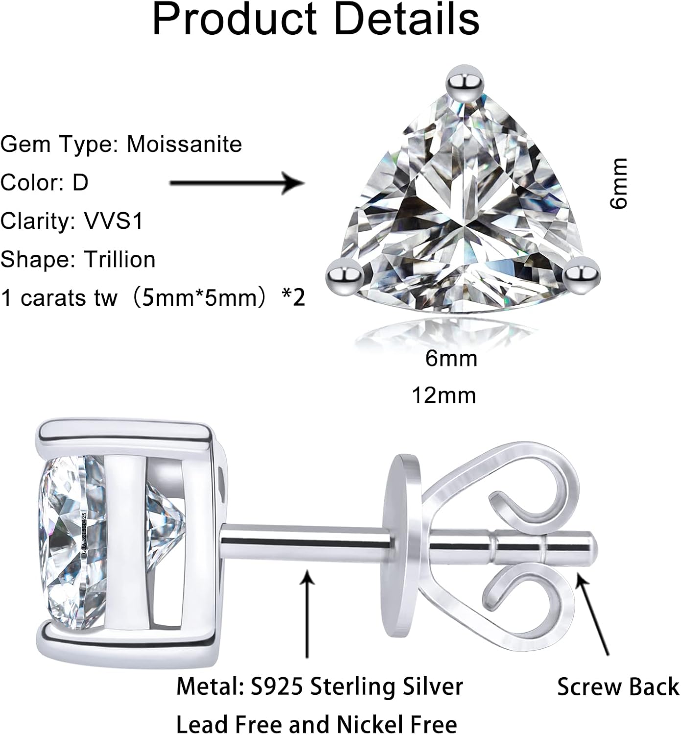 Moissanite Stud Earrings for Women Men, Nickel Free S925 Sterling Silver Hypoallergenic Earrings, 1ct - 2ct D Color VVS1 Clarity Brilliant Round Cut Lab Created Diamond Earring Set Promise Birthday Christmas Gift - Image 4