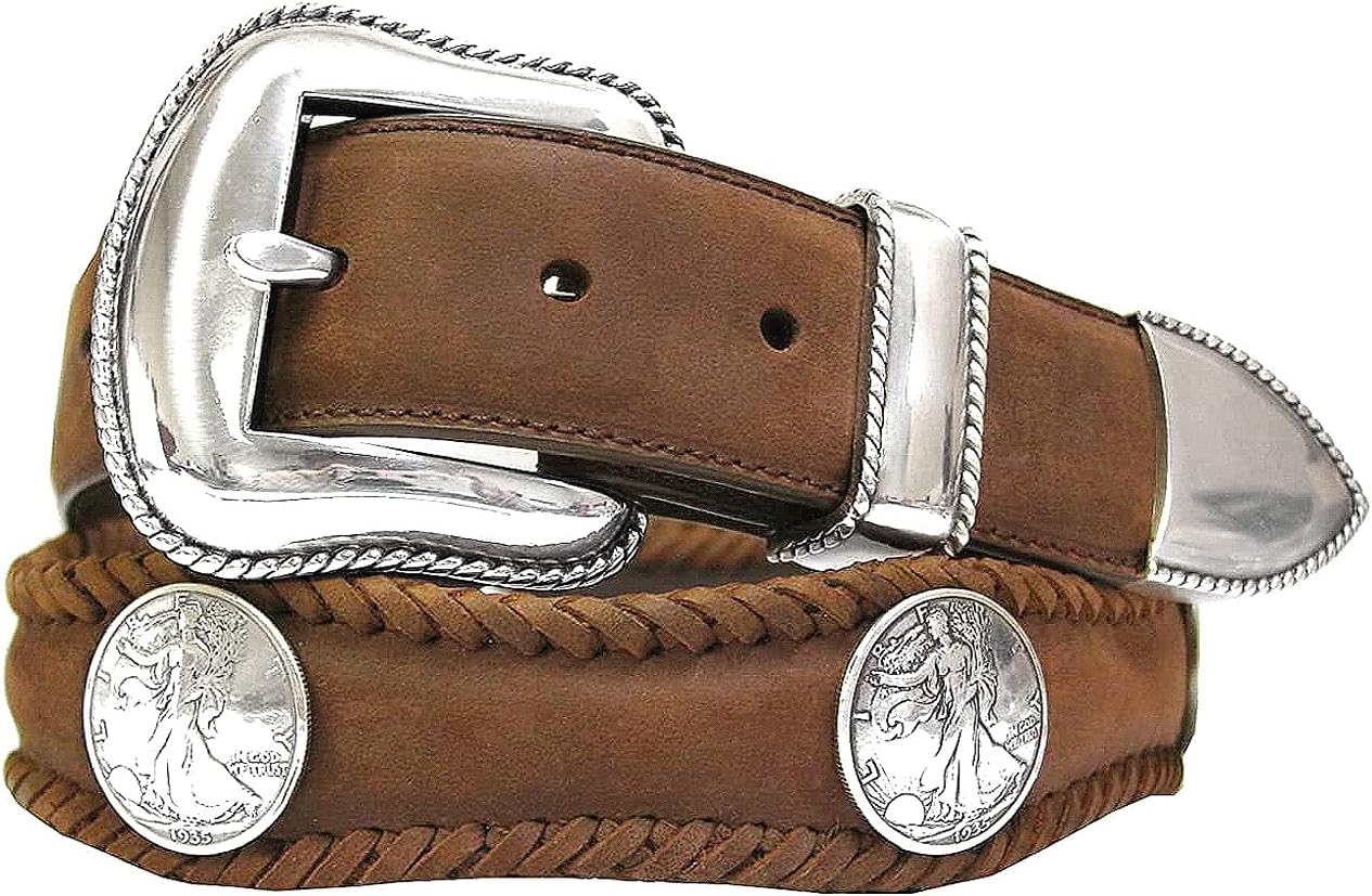 Belts.com Western Walking Liberty/Gold Cross/Berry Conchos Crazy Horse Scalloped Genuine Leather Belt 1-1/2"(38mm) Wide
