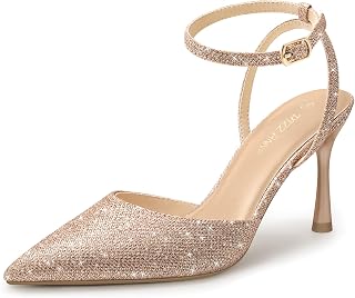 PIZZ ANNU Women's Cienna High Heels Sexy Stiletto Pumps Closed Toe Mesh Sparkly Rhinestones Ankle Strap Dress Wedding Party Pumps Shoes