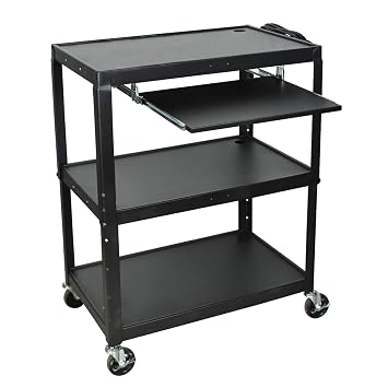 Luxor AVJ42XLKB Extra-Large Steel AV Cart with Adjustable-Height, Pullout Keyboard Tray, 3 Shelves, 24" to 42" Height, Black