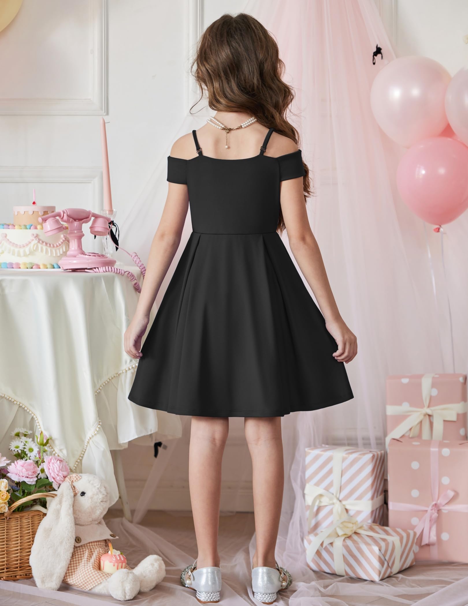 Arshiner Girls Summer Dress Off Shoulder Fold Pleated Formal Elegant A-Line Party Dresses with Pocket — view 6