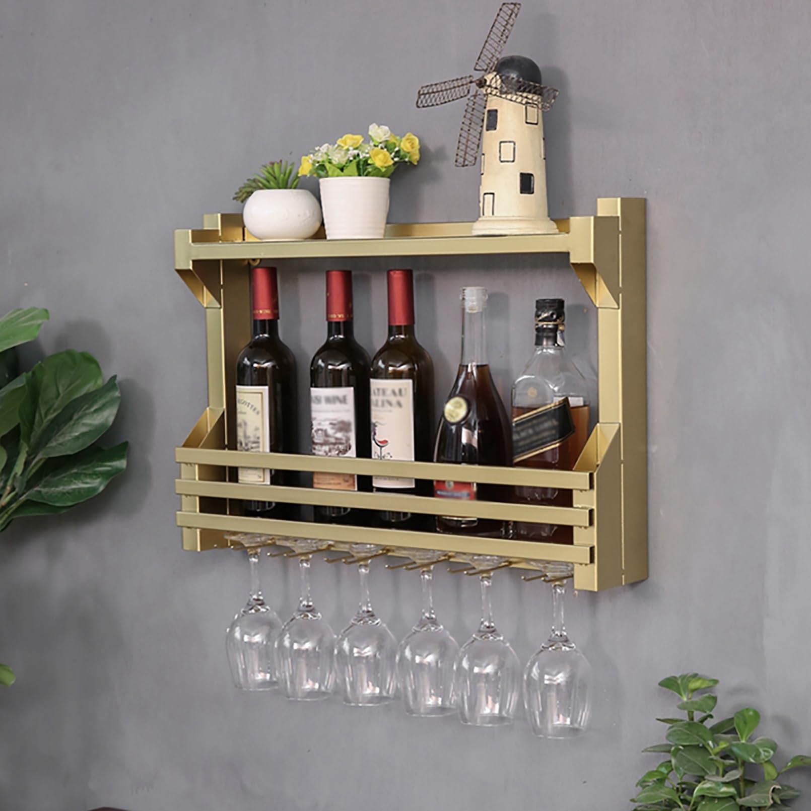 Casiers à vin industriels suspendus en fer noir avec support à verres pour bar