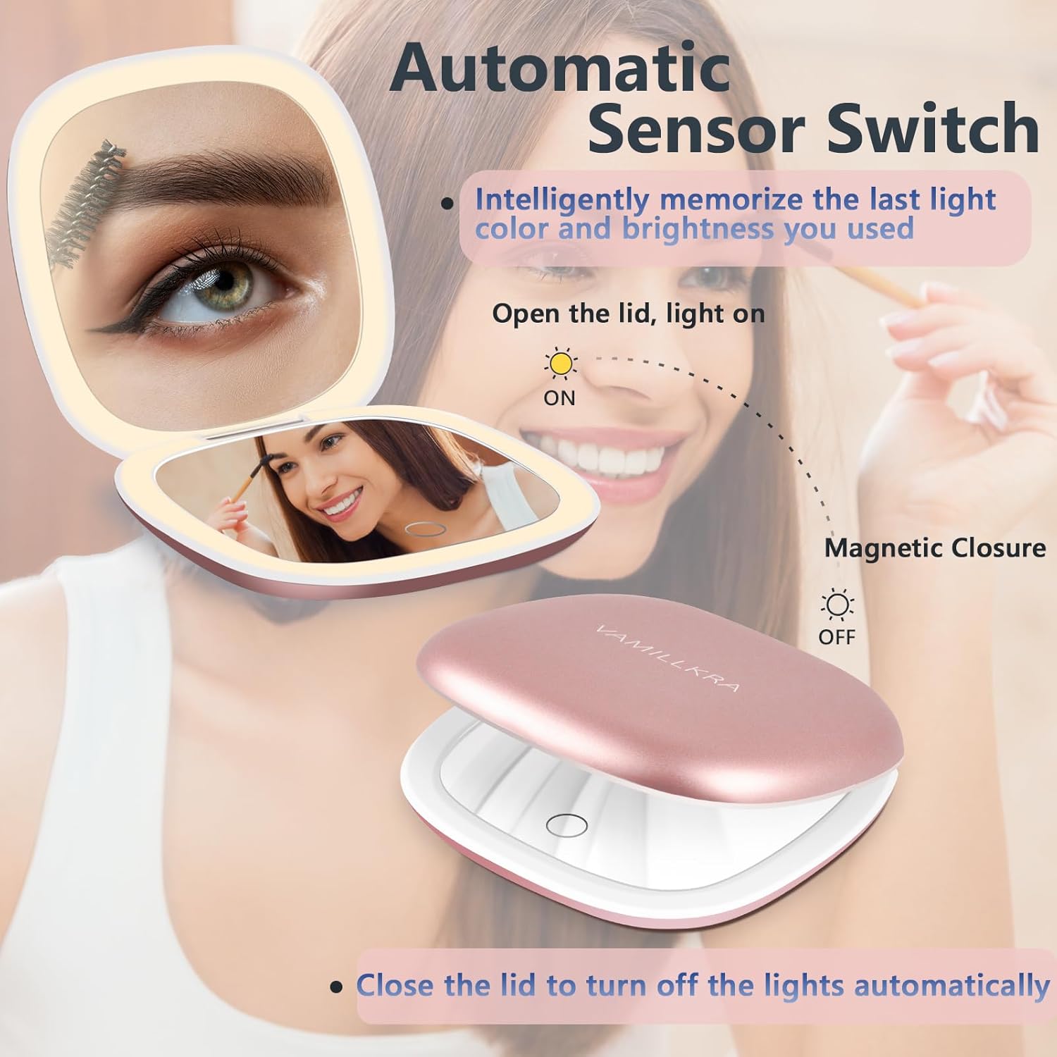 Travel Mirror with Light, 1X/7X Magnifying Mirror, 4 Inch LED Lighted Rechargeable Compact Makeup Mirror, 3 Colors Dimmable Light Up Portable Pocket Mirror for Handbag (Rose Gold 7X)
