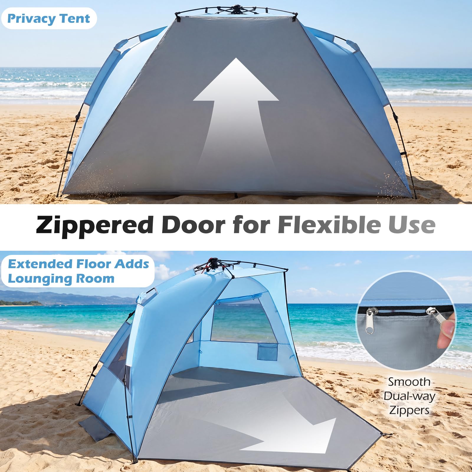 FANTASK Quick Up Tente de Plage pour 3 à 4 Personnes avec Porte zippée et 4 fenêtres en Maille, Protection V 50+, Tente Solaire avec Sac de Transport, piquets et 3 Sacs de Sable, pour Camping