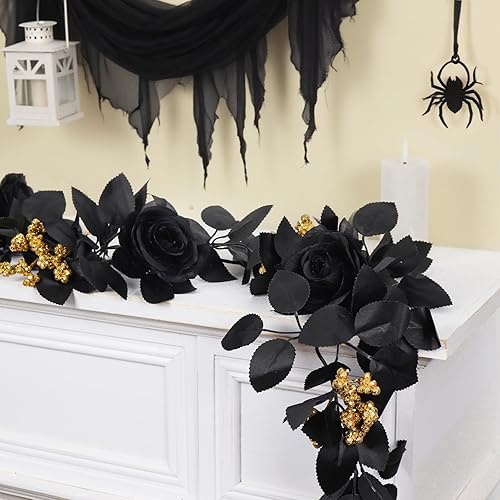 Miniatura 2 de RECUTMS Guirnalda de rosas artificiales negras de 5.9 pies, guirnalda de flores falsas para Halloween, colgante, flores de seda, corona de hojas