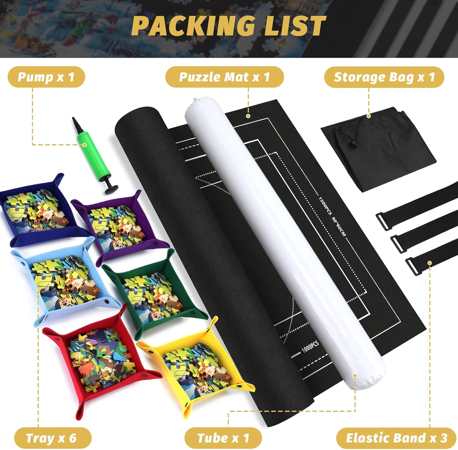 Puzzle Mat Roll Up Fits 1500 1000 500 Pieces Puzzles, Portable Felt Mat with 6 Sorting Trays & Storage Bag & Pump, Compact Non Slip Puzzle Saver for Adult Kid