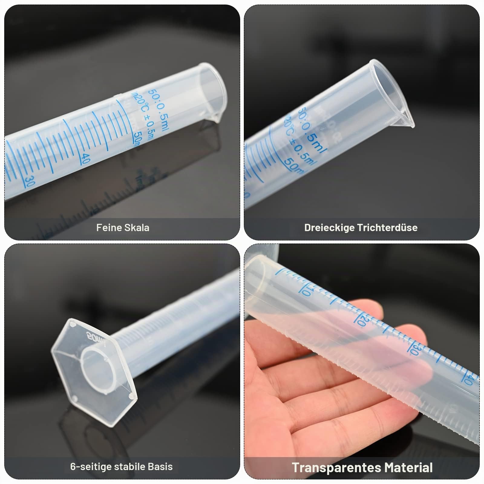 Messbecher aus Kunststoff, Messzylinder, Messbecher, Messwerkzeuge, Labor-Reagenzglas, Ausgießer, 10 ml, 25 ml, 50 ml, 100 ml, 250 ml, 5 Stück