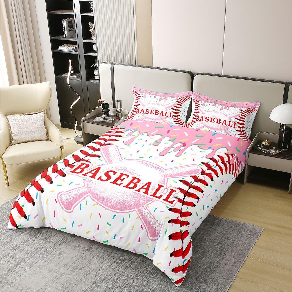 Homewish Juego de funda de edredón de béisbol tamaño King para adolescentes, ropa de cama deportiva de helado, juego de cama de béisbol, juegos, para habitación de adultos, bonito juego de cama