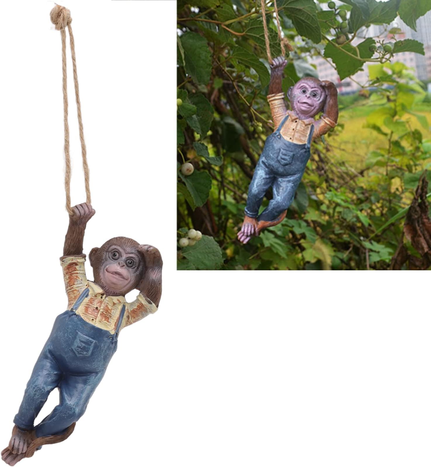 Swinging Monkey Outdoor Statue Ornament, Tree Hanging Sculpture Animal Figurines for Garden Lawn Patio Yard Porch Christmas Decoration