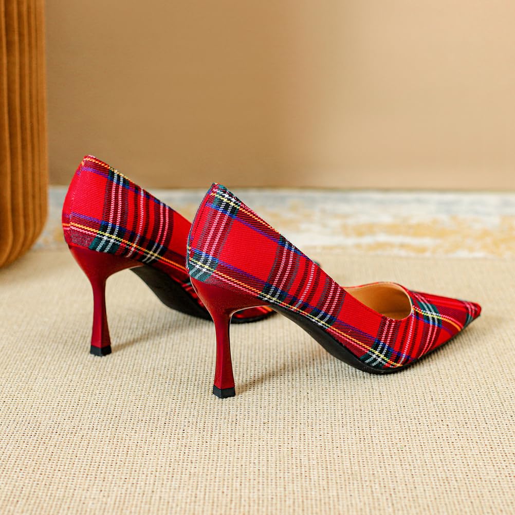 Zapatos de Tacón Mujer Lona Cuadros Vichy Punta Afilada Tacón de Aguja Delgado 7.5cm con Suela Antideslizante para Trabajo & Eventos Jardín