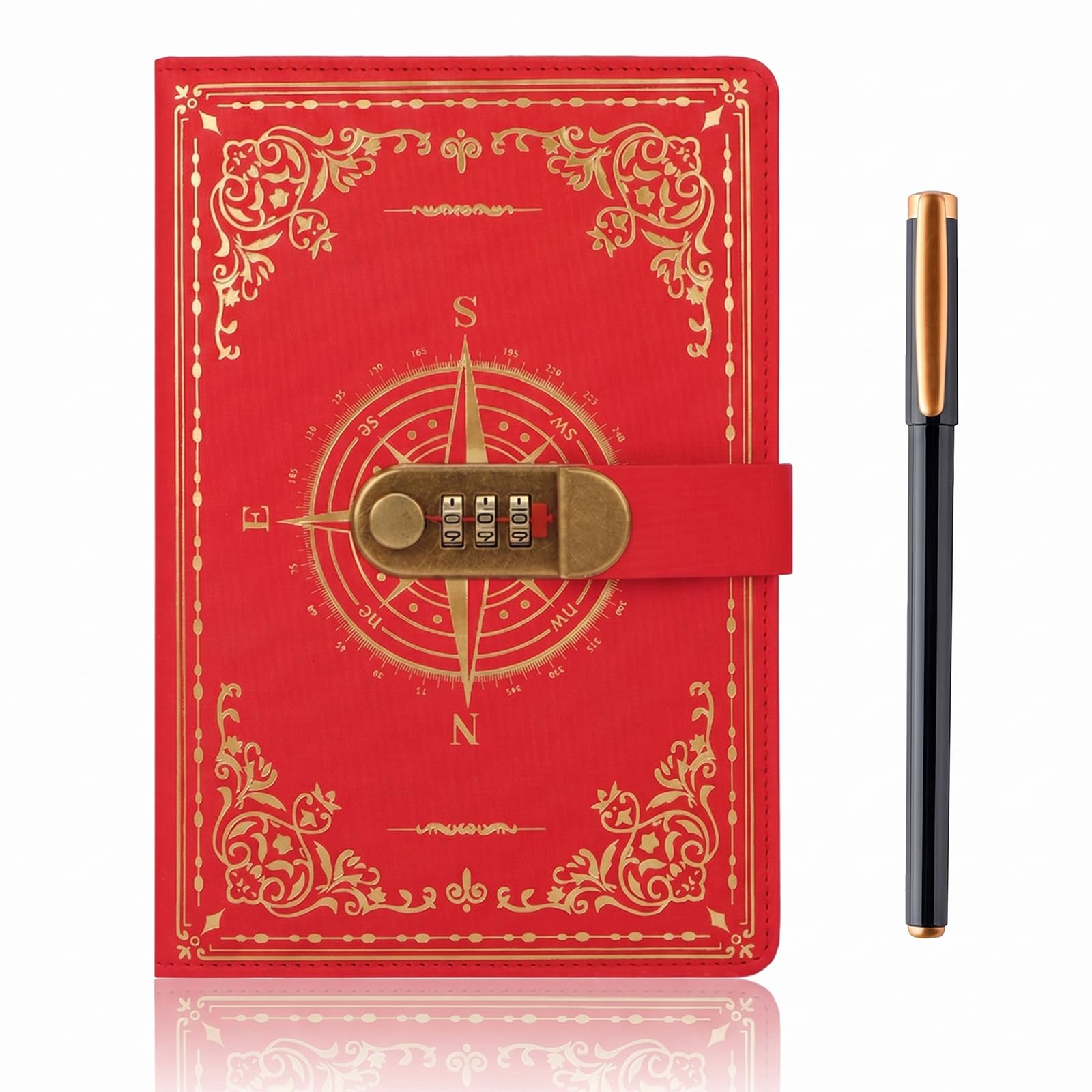 SIMDAO A5 Journal With Lock, Vintage Leather Compass Diary, 200 Pages Lined Paper Notebook With Pen, Secret Diary With Combination Password, Locked Journal for Men Women, Study, Travel Writing (Red)