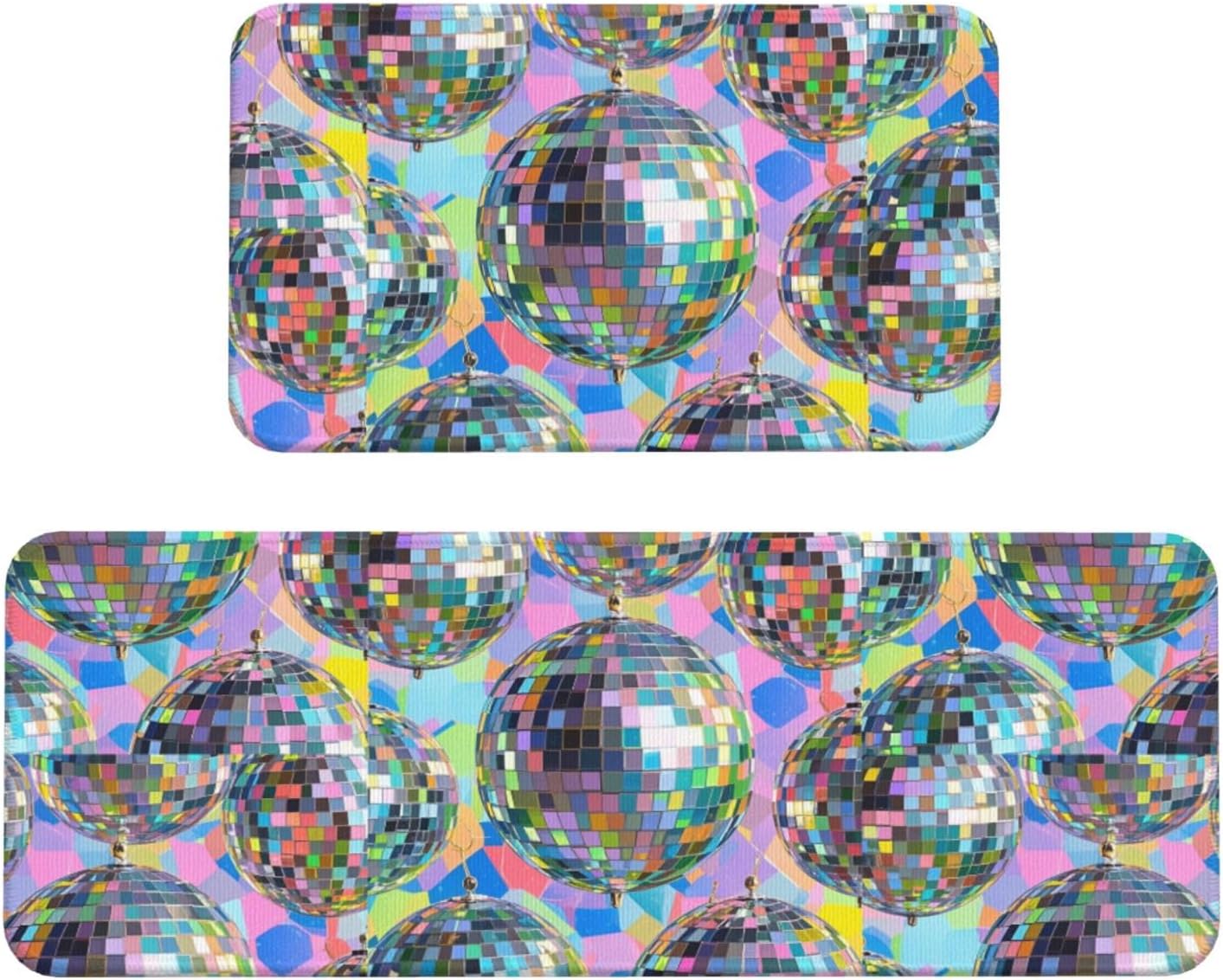 Disco Ball Pattern (2) Kitchen Rugs Set of 2, Cushioned Anti-Fatigue Kitchen Mats for Floor, Waterproof Comfort Standing Mat Absorbent Velvet Kitchen Runner Rugs 17"x30"+17"x47"