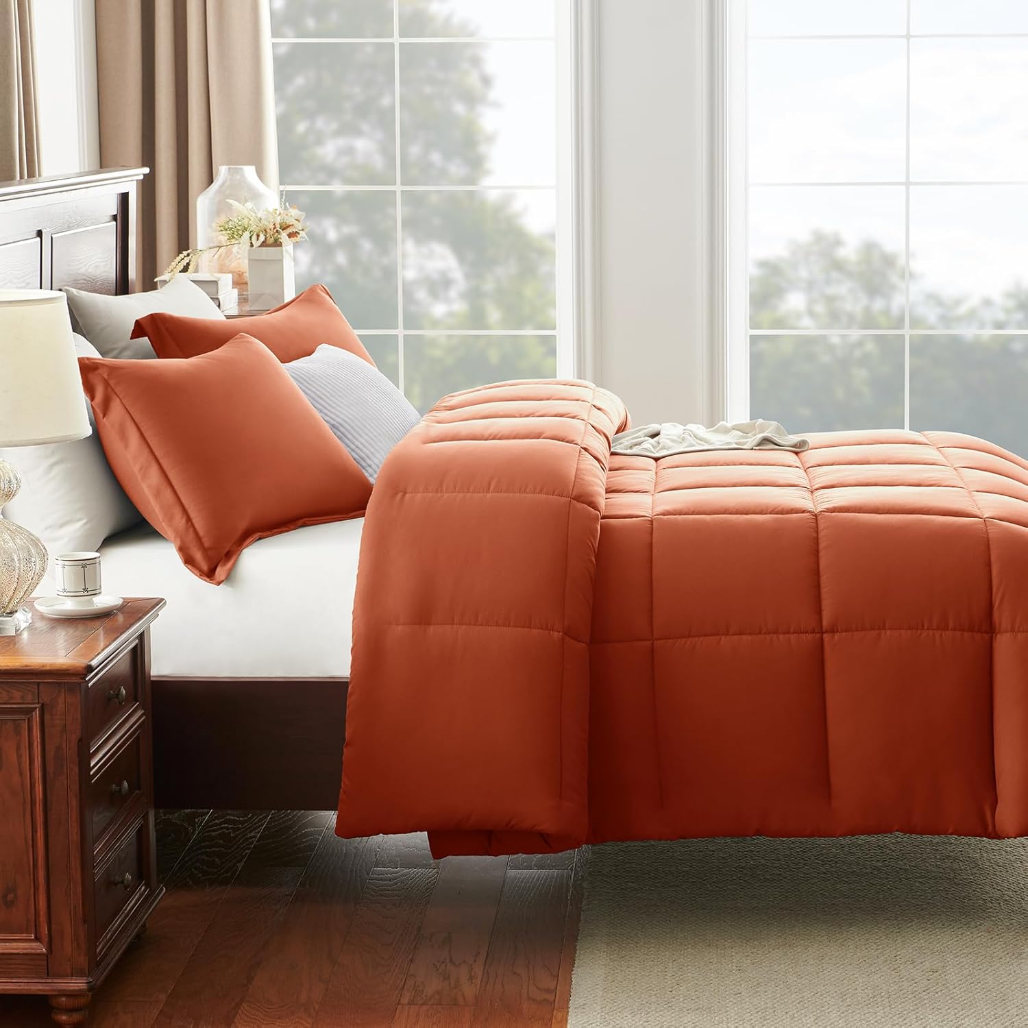 CozyLux Full Size Comforter Sets - Burnt Orange Comforter, 3 Pieces Terracotta Box Stitched Bed Set for All Seasons, Soft Bedding Sets with 1 Down Alternative Comforter and 2 Pillow Shams - Image 8