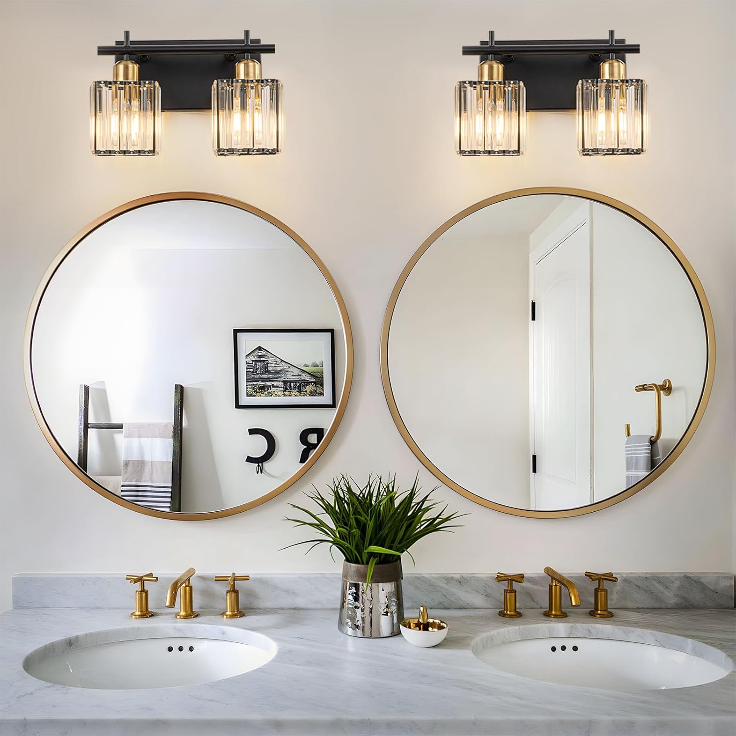 Modern Crystal Bathroom Vanity Light Fixture,Matte Black and Gold Crystal Bathroom Lighting Fixtures Over Mirror,2-Light Vanity Lights Vintage Wall Light Fixtures