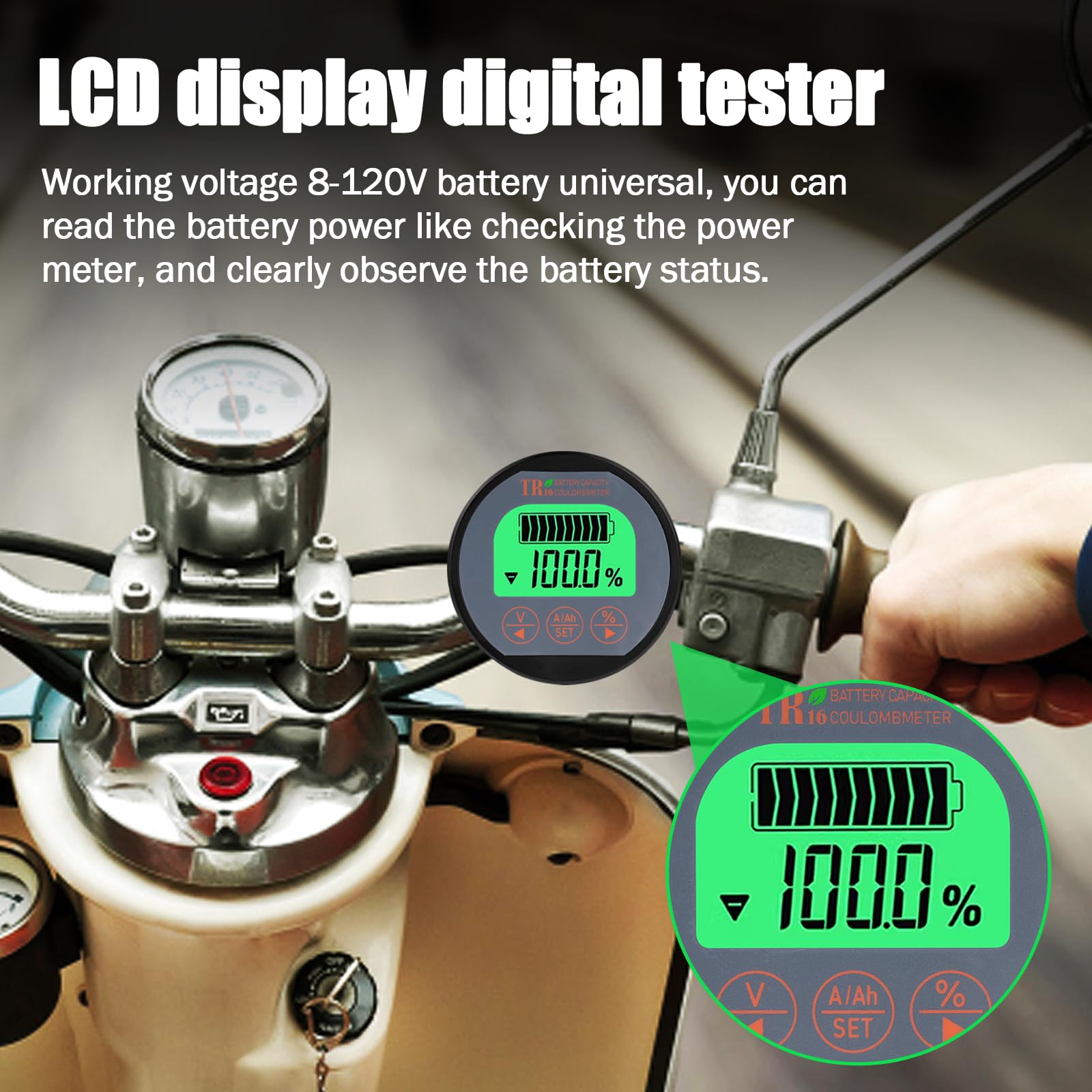 Batteriemonitor Tester, Voltmeter Amperemeter Wasserdichte Digitaler Tester Monitor mit LCD-Anzeige Batteriewächter mit 2m Kabel 8-120V 100A für Auto Motorboot Wohnmobil Solar