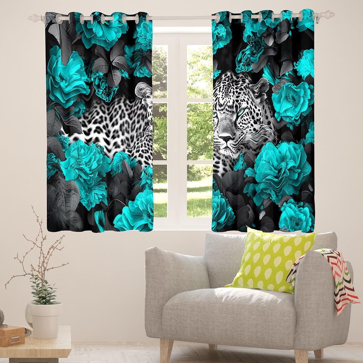 Erosebridal 3D Leopard Blackout Curtains Teal Rose Cheetah Print Curtains for Kids Child,African Safari Animals Curtains & Drapes Novelty Big Cat Wildlife Wild Animal Room Decor Bedroom Decor 84