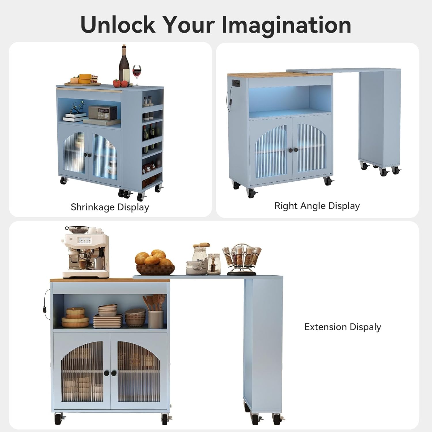 Movable Kitchen Island with Power Outlet & LED Lights - Kitchen Island Carts with Storage Cabinets, 8 Wheels Lockable, USB Charging Station, Expandable Tabletop for Farmhouse Kitchen (Blue)