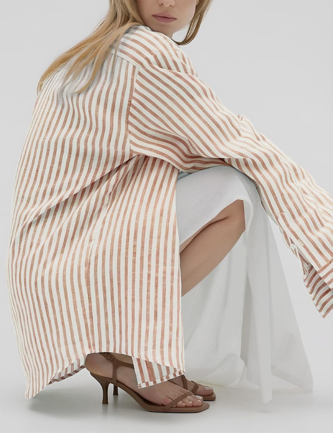 Flygo Womens Button Down Striped Shirt Casual Collared Cotton Oversized Long Sleeve Work Blouse Tops - Image 2