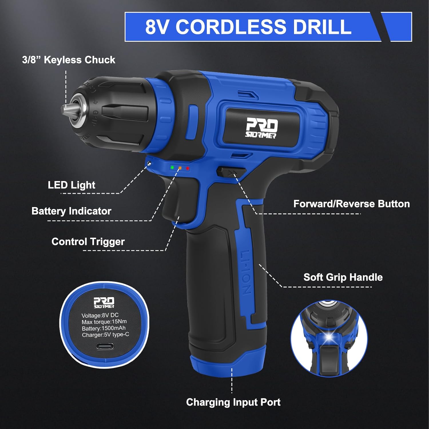 Prostormer Tool Set with 8V Cordless Drill, 369-Piece Home Tool Kit with Drill Driver, Toolbox Storage Case with Drawer, General Household Tools for Home Repairs and DIY, Handyman (Blue)