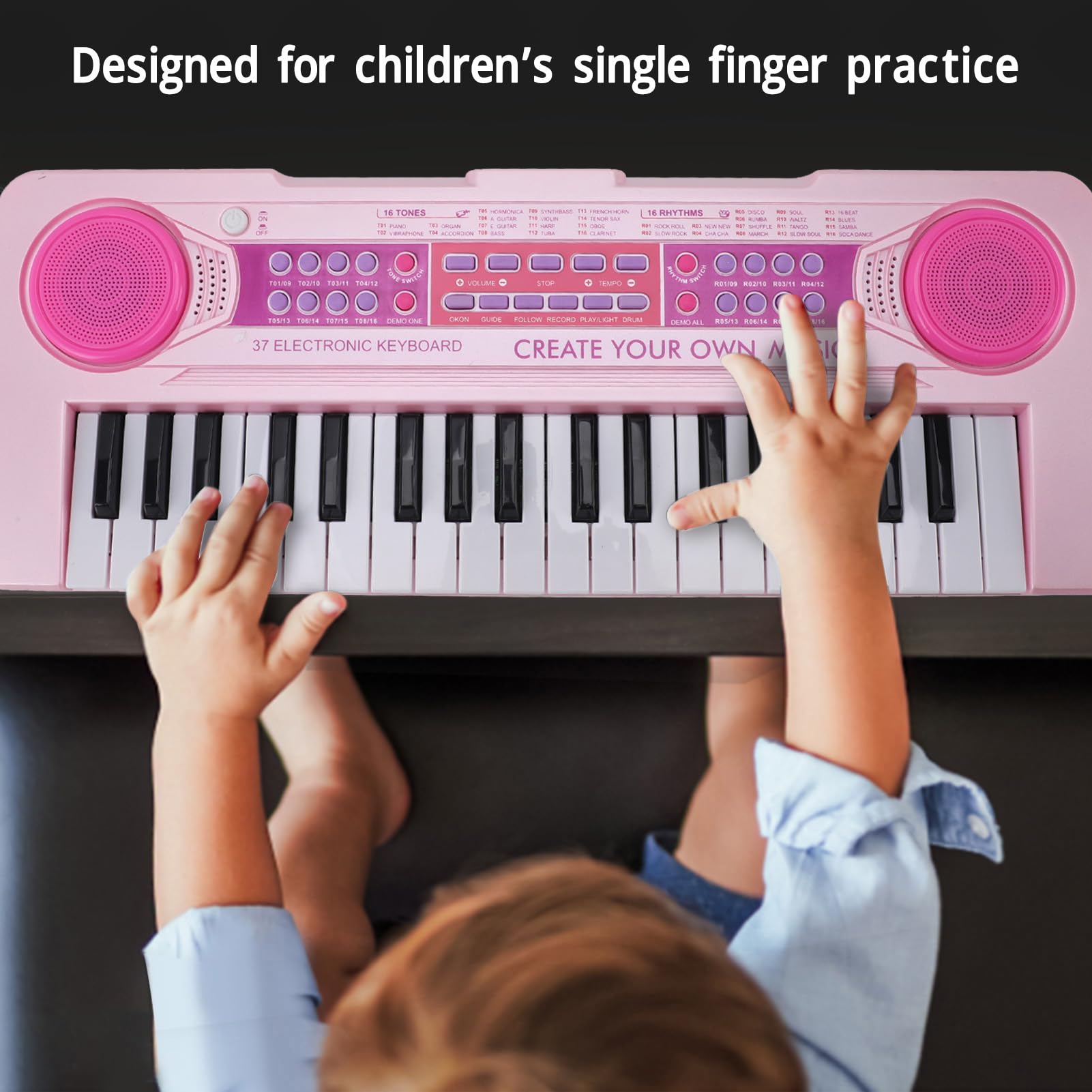 AMONIDA Piano con Teclado para Niños de 37 Teclas, Piano Electrónico, Juguete Musical Portátil con Micrófono, 16 Timbres y 8 Canciones de Demostración, Ideal para Niños, Principiantes, y Niñas