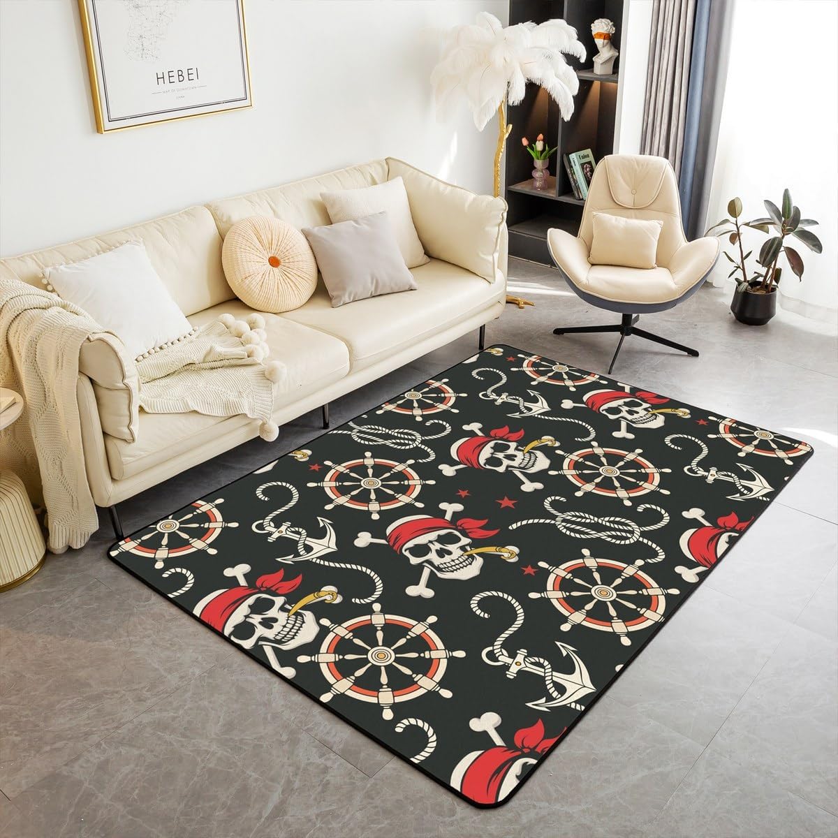 Nautical Pirate Area Rug 5x6'6'' for Kids Adults,Anchor Steering Wheel Skull Pattern Indoor Non Slip Carpet,Marine Sea Adventure Theme Decorative Rug for Living Room Bedroom Playroom Besides Decor