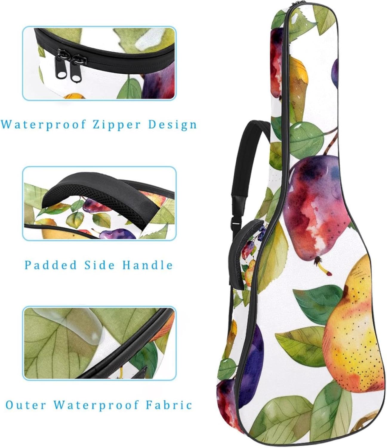 Acoustic Guitar Gig Bag 1 cm Thick Padding, Waterproof Electric Guitar Bag 40-42 Inch Guitar Case Backpack with Dual Shoulder Strap, Fruits and Leaves of Pears and Plums