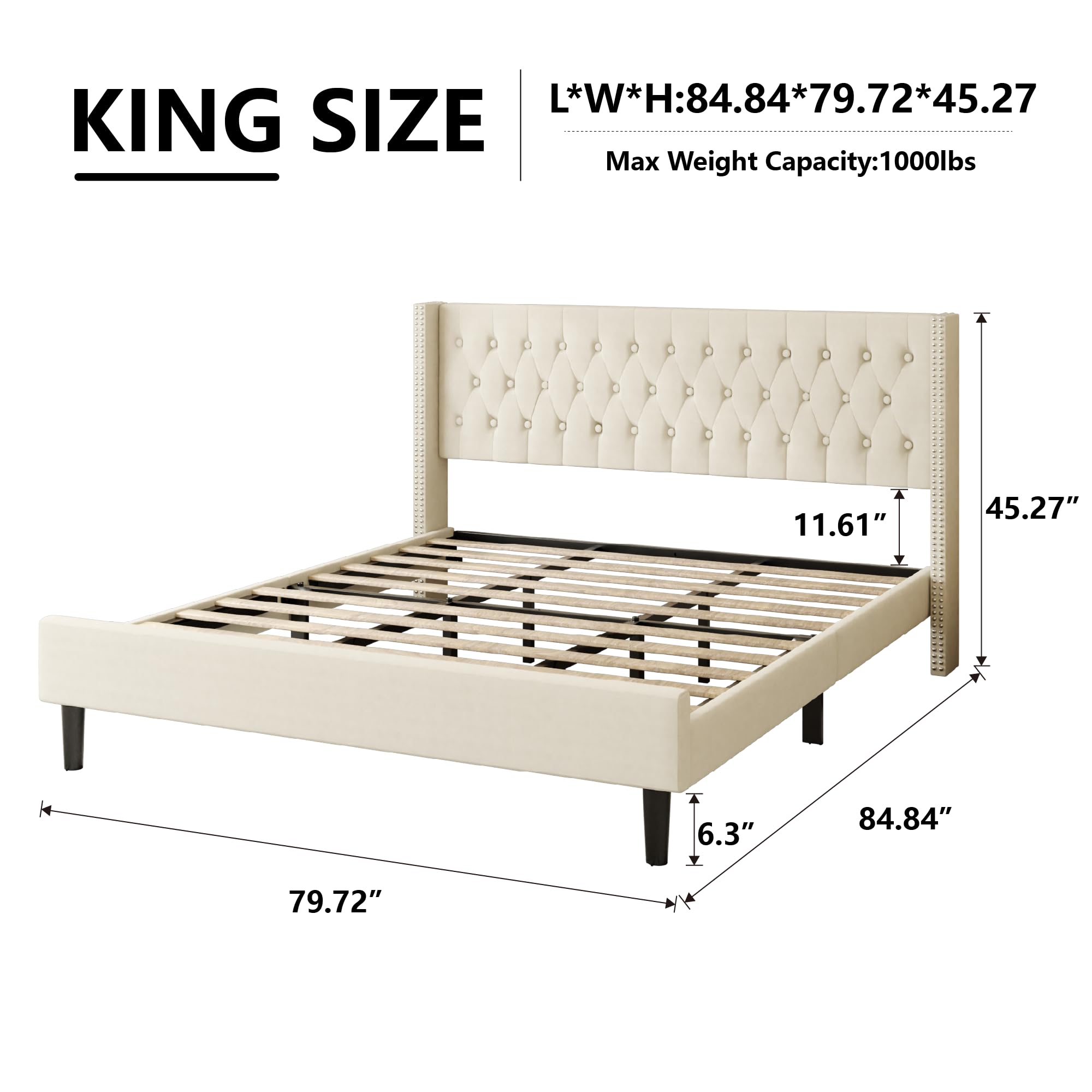Base de cama de plataforma tamaño King con cabecera capitoné con botones, respaldo moderno con aleta con ribete de doble hilera, no necesita somier, fácil montaje, terciopelo beige 2